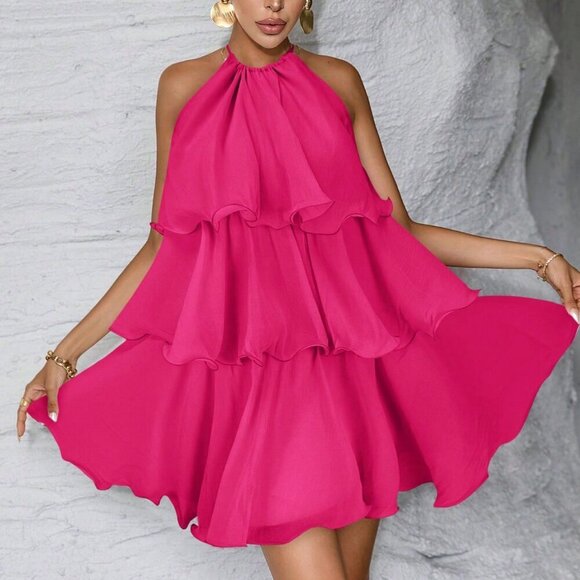 Hot Pink Casual Women's Ruffled tiered Mini Dress - Picture 1 of 6